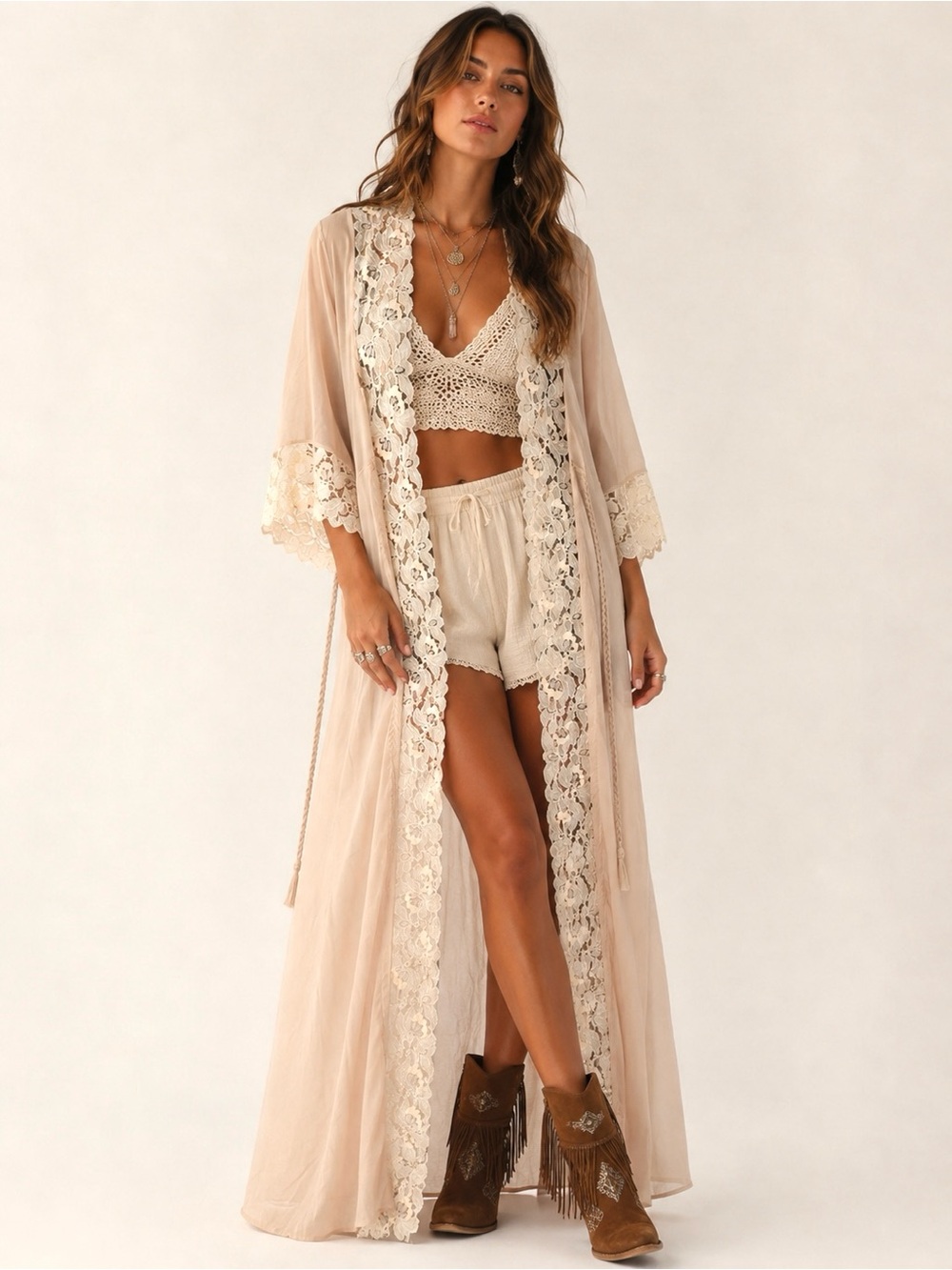 Vintage Boho Lace Trim Duster Robe Fairycore Ren Fair Puff Sleeve Prairiecore